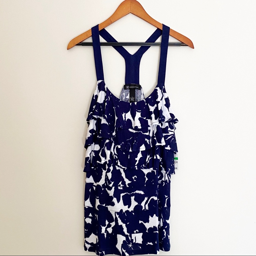 INC International Concepts Ruffle Tank Top  Sleeveless Blouse Navy White NWT